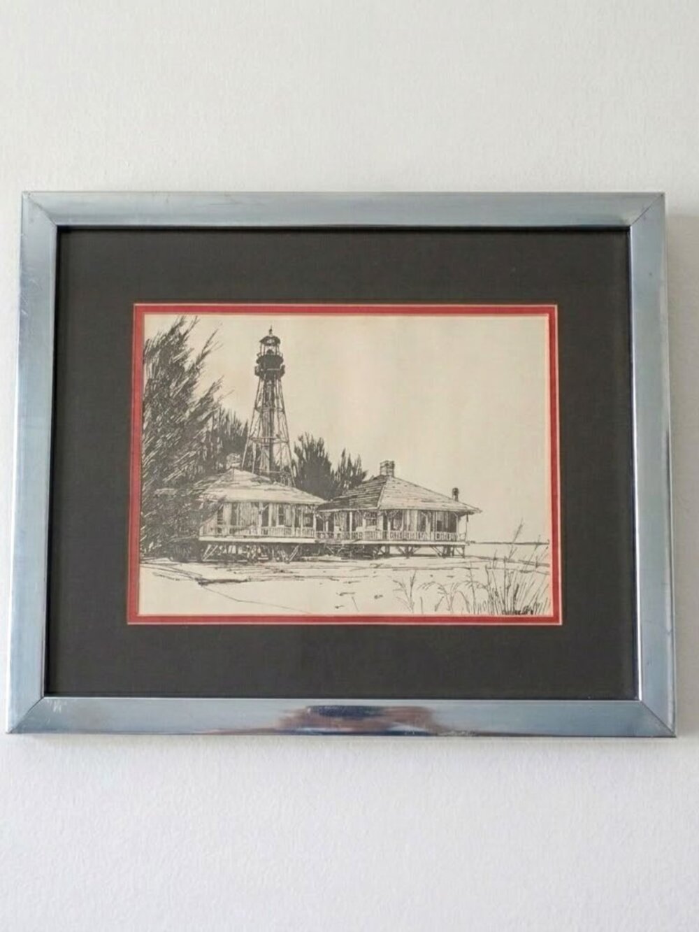 Sanibel Island Lighthouse Signed Pen and Ink Drawing Framed Florida Nautical Art